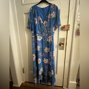 Blue Floral Maxi Dress with V-Neck